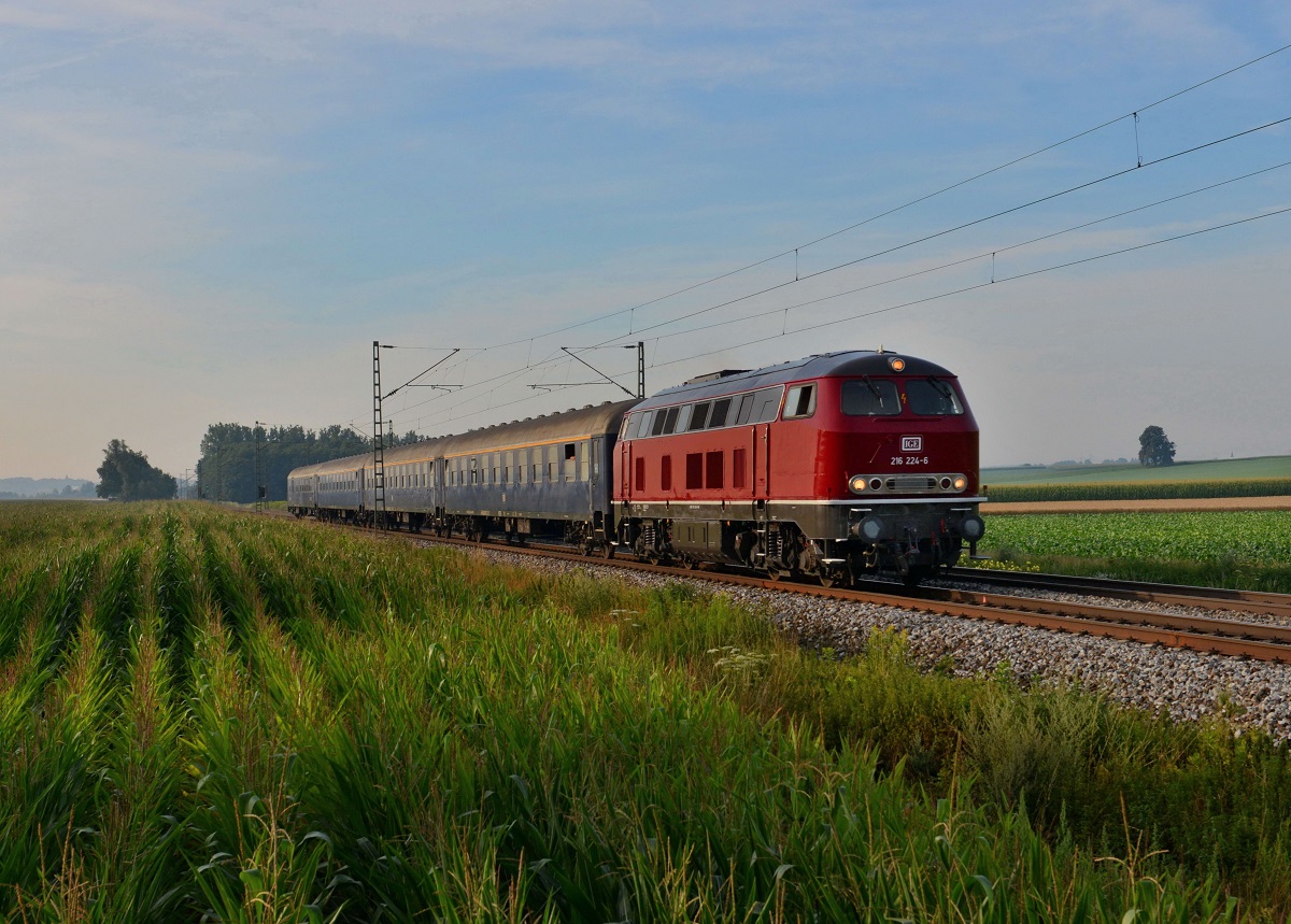 216 224 mit einem Sonderzug nach Hersbruck am 26.07.2014 bei Langenisarhofen.