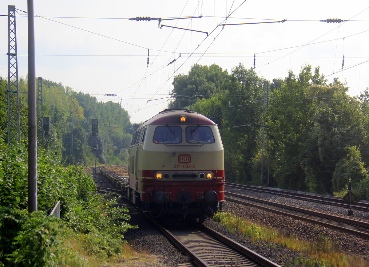 217 002-5 von DB  kommt  mit einem Containerleerzug aus  Stolberg-Gbf(Rheinland) nach Göttingen und kommt aus Richtung Stolberg/Rheinland-Hbf,Aachen-Eilendorf,Aachen-Rothe-Erde,Aachen-Hbf,Aachen-Schanz,Aachen-West,Laurensberg,Richterich, und fährt durch Kohlscheid in Richtung ,Herzogenrath,,Hofstadt,Finkenrath,Rimburg,Übach-Palenberg,Zweibrüggen,Frelenberg,Geilenkirchen,Süggerath,Lindern,Brachelen,Hückelhoven-Baal,Baal,Erkelenz,Herrath,Beckrath,Wickrath. 
Aufgenommen von Bahnsteig 1 in Kohlscheid. 
Bei Sommerwetter am Nachmittag vom 29.8.2019.