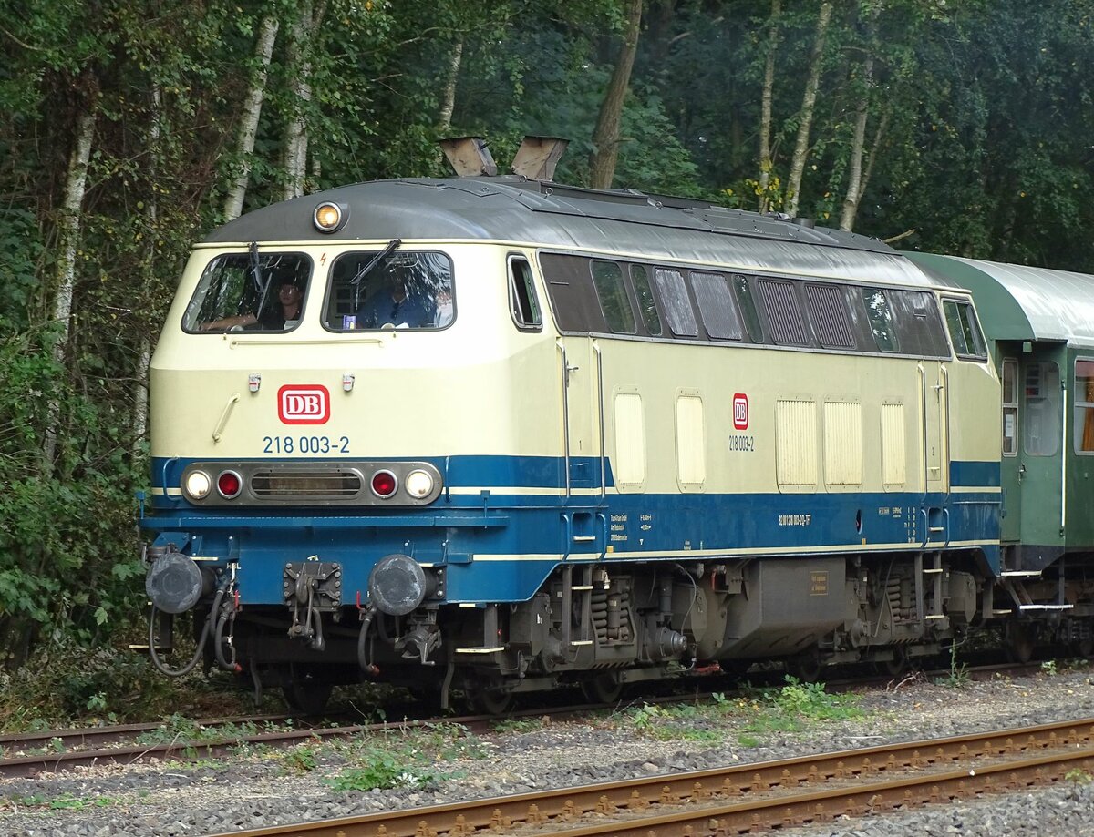 218 003 von 'Train4Train' am 30.09.23 mit einem Sonderzug von Stade nach Bremervörde bei der Einfahrt in den Bahnhof Deinste.