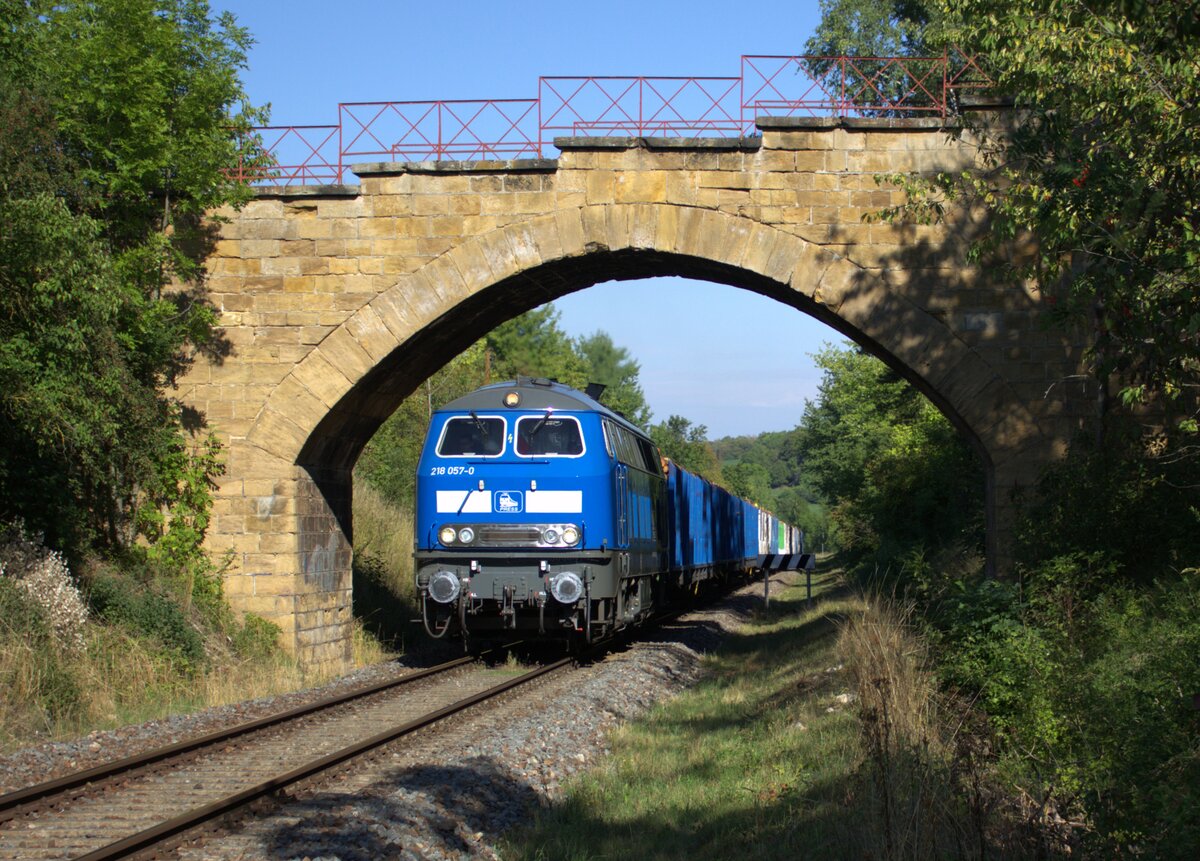 218 057-0 (Press) fuhr am 06.09.22 mit einem Holzzug von Gera nach Saalfeld. Hier ist der Zug in Krölpa zu sehen.