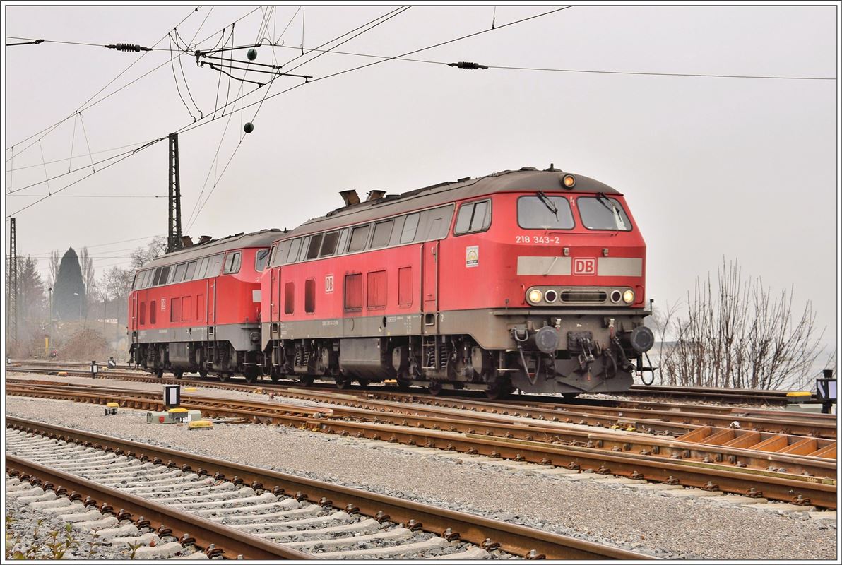 218 343-2 und 218 481-0 auf dem Bodenseedamm in Lindau Hbf. (14.02.2017)