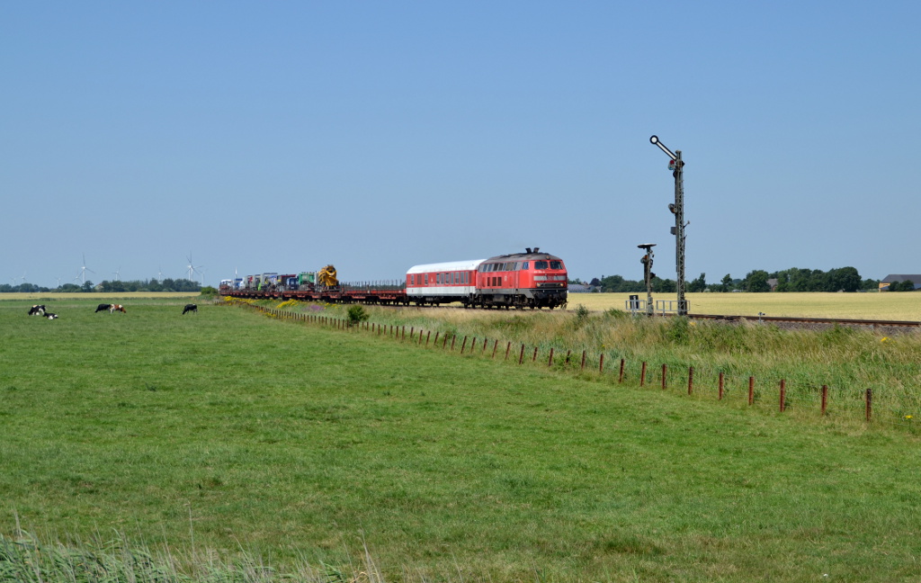 218 364 mit AS 1433 nach Niebüll, am Esig Lehnshallig. 14.07.2014
