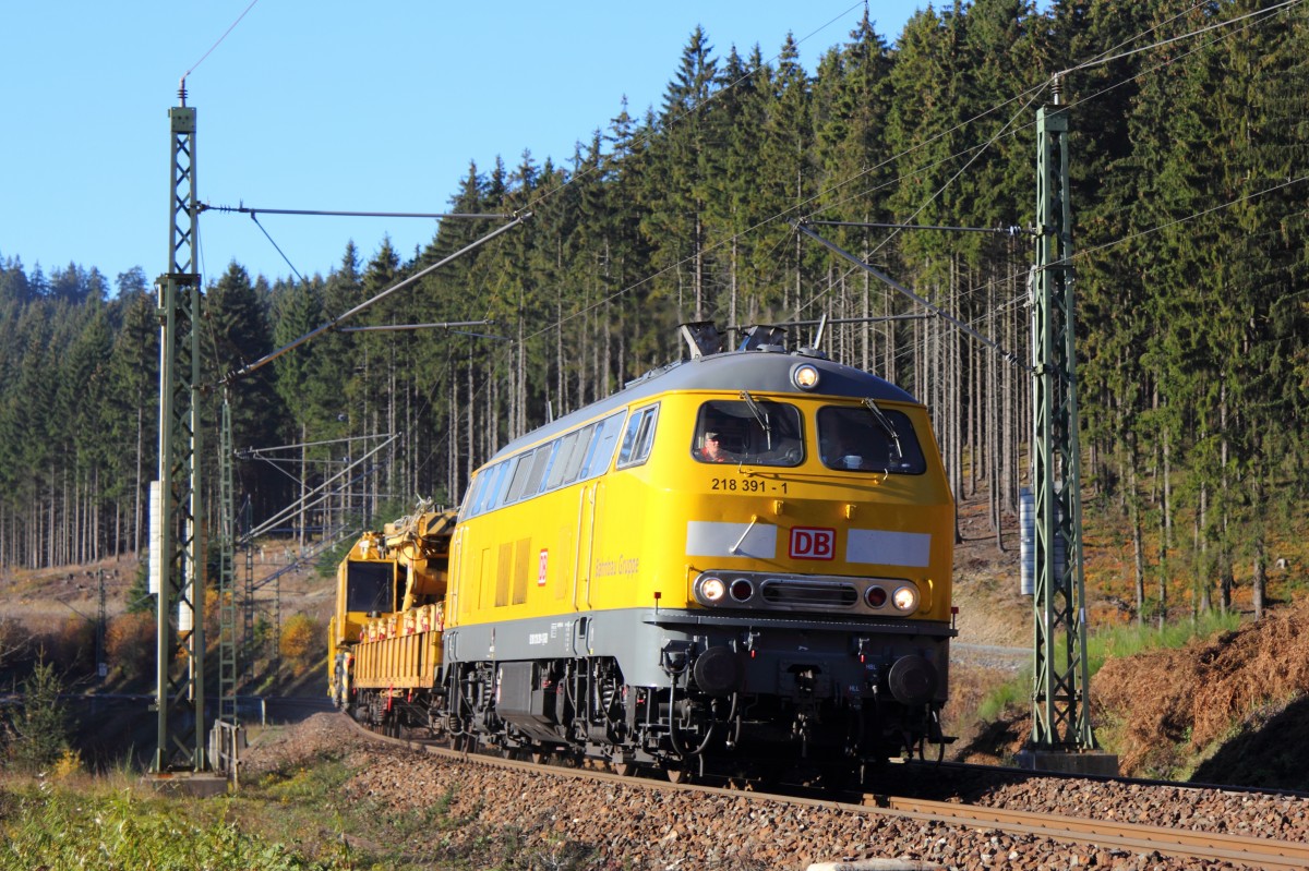 218 391-1 DB Bahnbau Gruppe auf der Frankenwaldrampe bei Steinbach am 03.11.2015.