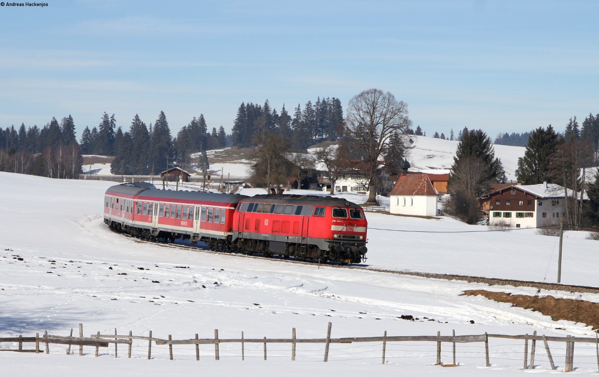 218 414-1 mit der RB 57342 (Augsburg Hbf-Füssen) bei Tannenmühle 19.2.15