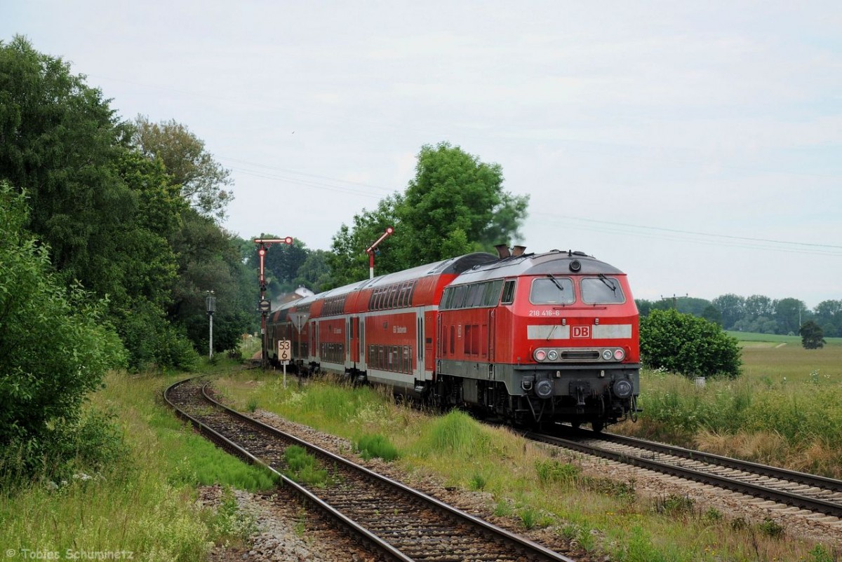 218 416 (92 80 1218 416-6 D-DB) mit RB27048 am 15.06.2013 in Schwindegg