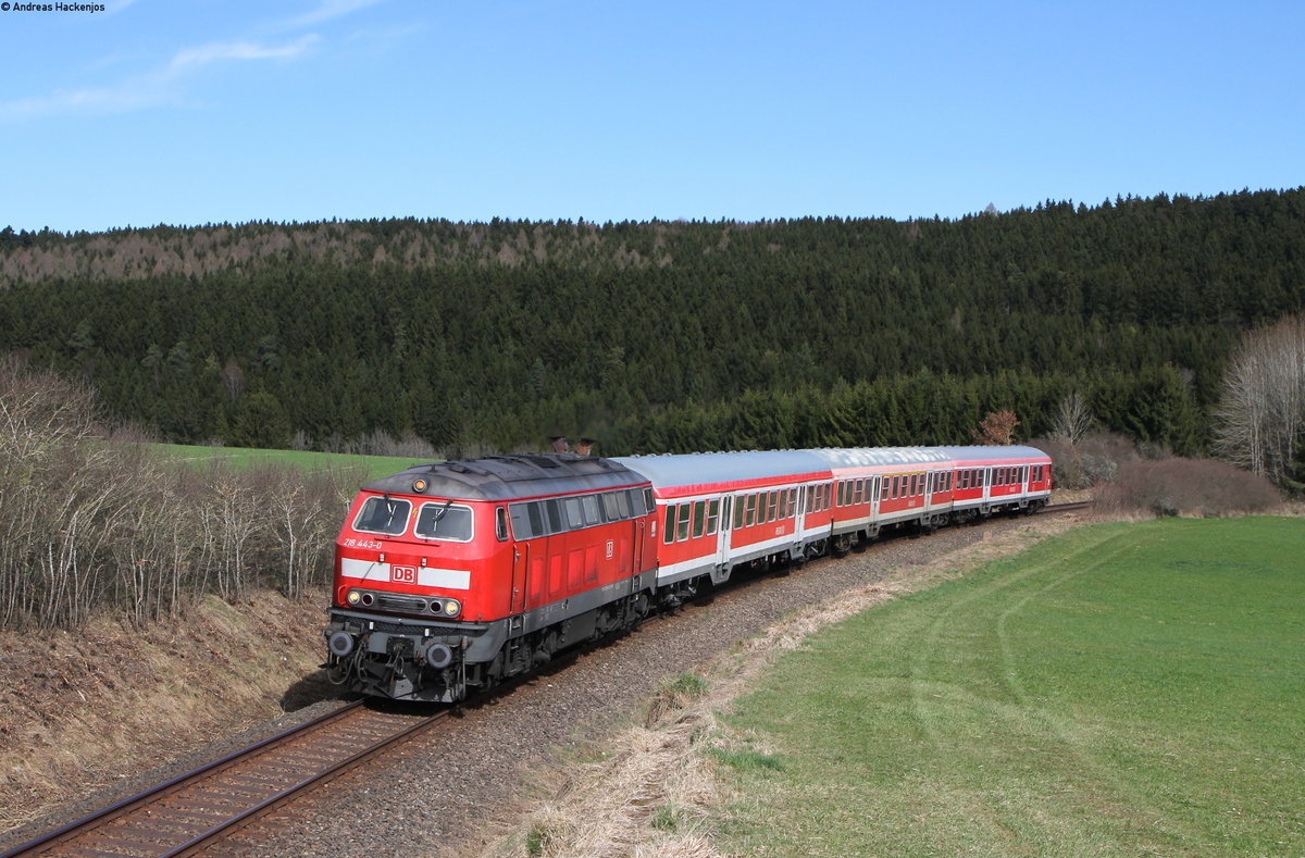 218 443-0 mit dem RE 3204 (Ulm Hbf-Neustadt(Schwarzw)) bei Unadingen 11.4.18