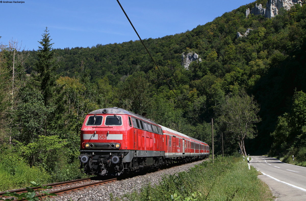 218 443-0 mit dem RE3209 (Donaueschingen-Ulm Hbf) bei Neidingen 12.8.18