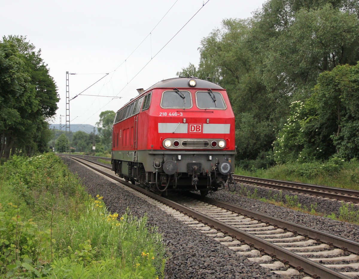 218 446-3 als Tfzf in Fahrtrichtung Sden. Aufgenommen in Wehretal-Reichensachsen am 25.06.2013.