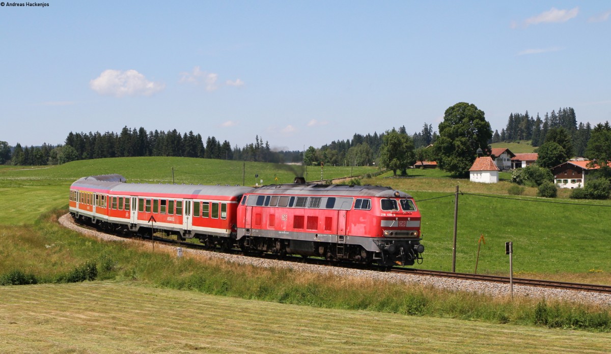 218 458-8 mit dem RE 57500 (München Hbf-Füssen) bei Tannenmühle 22.6.14