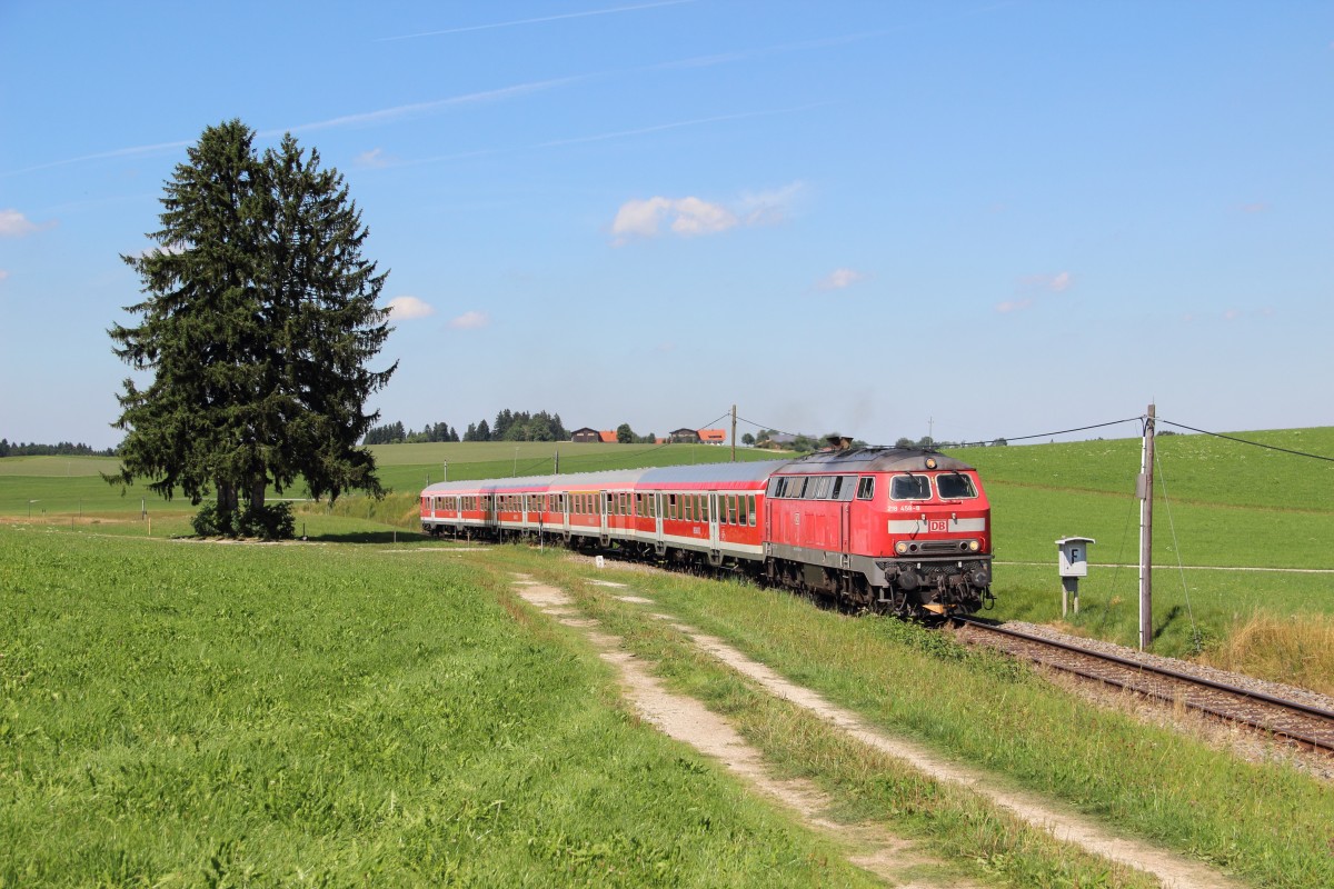 218 458-8 mit der RB 57346 (Augsburg Hbf - Füssen) bei Seeg am 16.08.13
