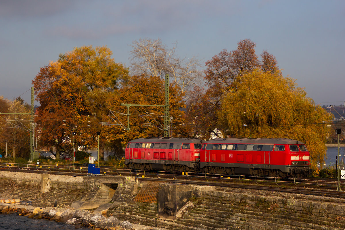 218 463-8 und 452-1 beim rangieren auf dem Bahndamm Lindau. 6.11.20