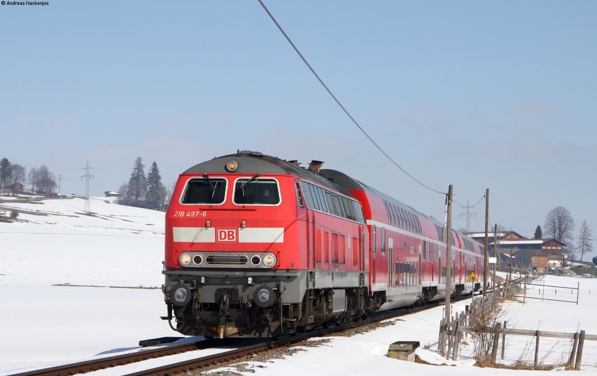 218 497-8 mit dem RE 57506 (München Hbf-Füssen) bei Seeg 9.3.16