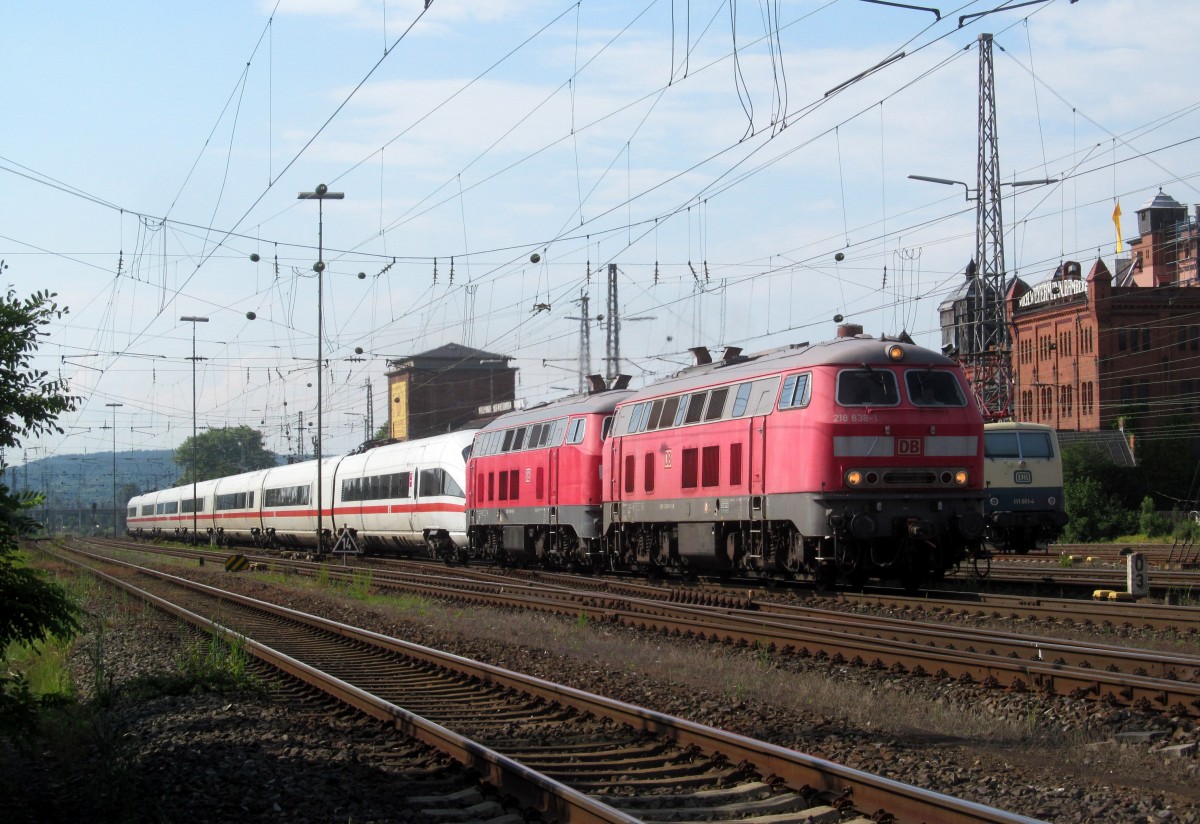 218 838-1 und 218 810-0 ziehen am 02. Juni 2014 den 411 054  Sonnenerg  durch Bamberg in Richtung Nürnberg.