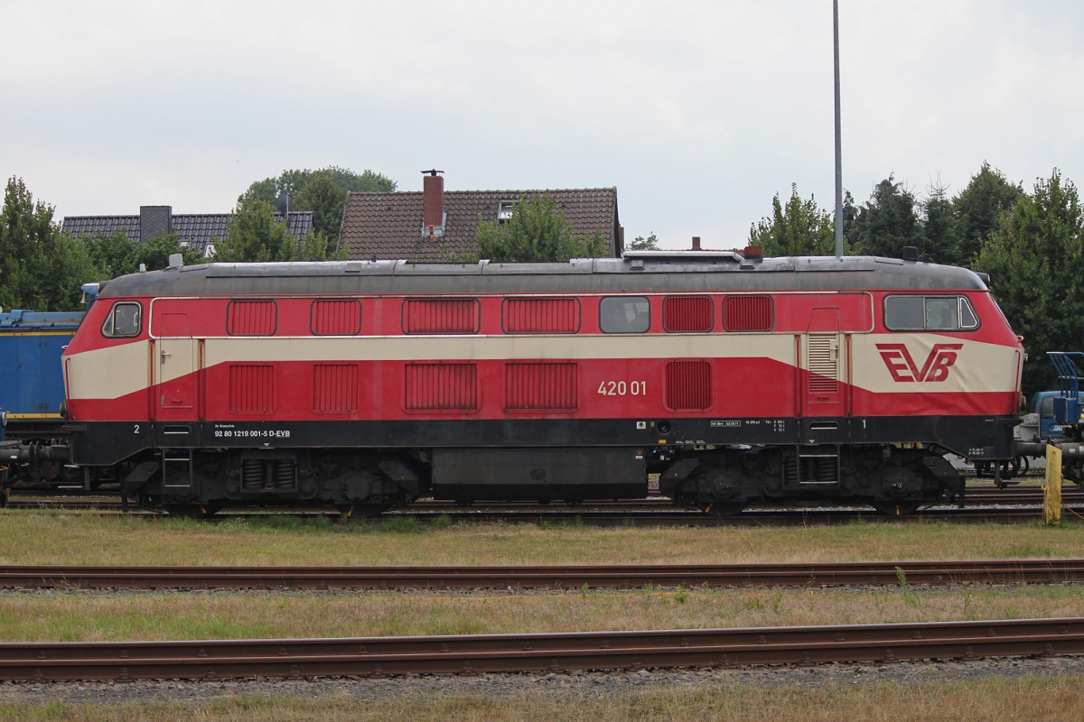 219 001 (EVB 420 01) stand am 30.7.13 mit Unfallschaden in Bremervörde.