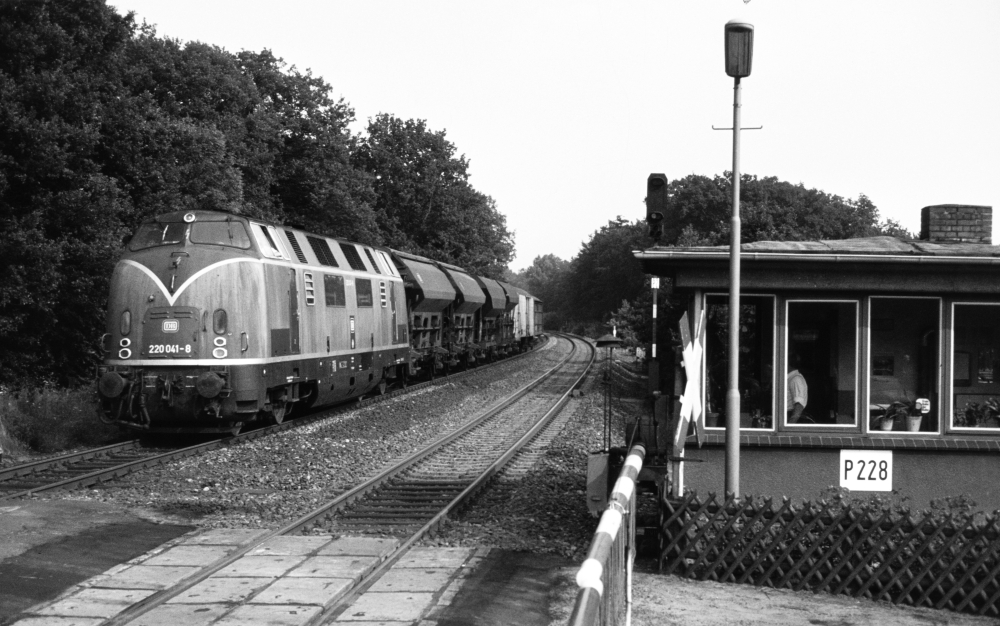 220 041 am 25.7.1981 mit Ng Maschen-Cuxhaven bei Hechthausen. Heute ist die Strecke hier eingleisig, der B automatisiert und der Schrankenposten abgerissen.