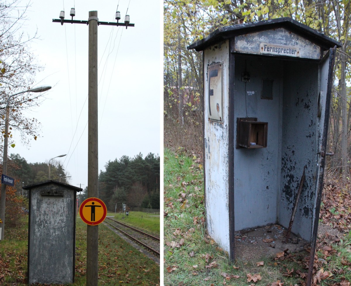22.11.14 Templin-Ahrensdorf. F-Bude aus Blech wie zu guten alten Zeiten, sogar mit 2 Drähten an die F-Leitung angeschlossen - würde mich nicht wundern, wenn noch benutzbar. Strecke (Eberswalde) Britz - Joachimsthal - Templin - Fürstenberg. Reiseverkehr noch Ebw-Joachimsthal;