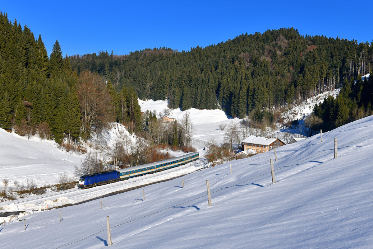 223 001 mit einem ALX am 24.12.2017 bei Wolfsried. 
