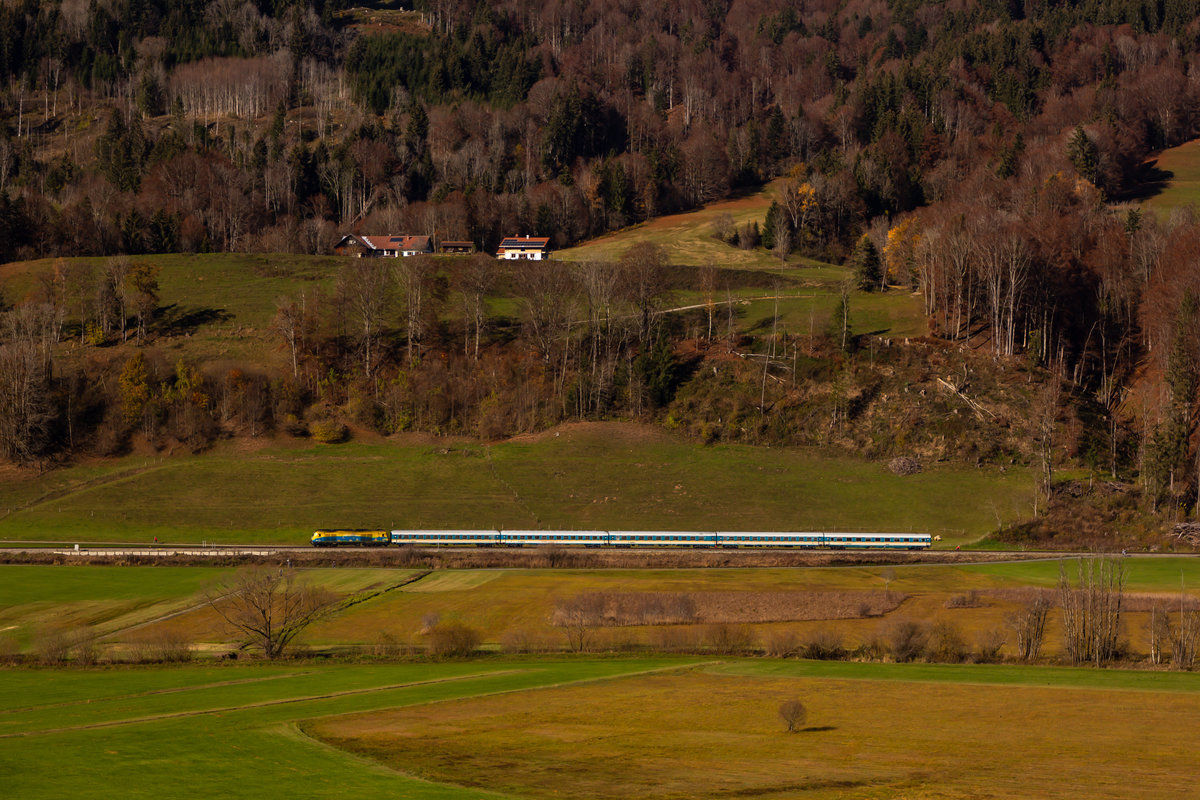 223 013 als  Bodo Werbelok  und ihrem Alex Vollzug hat die letzen Ausläufer des großen Alpsees verlassen und fährt nun Ratholz und Wiedemannsdorf entgegen. 7.11.20