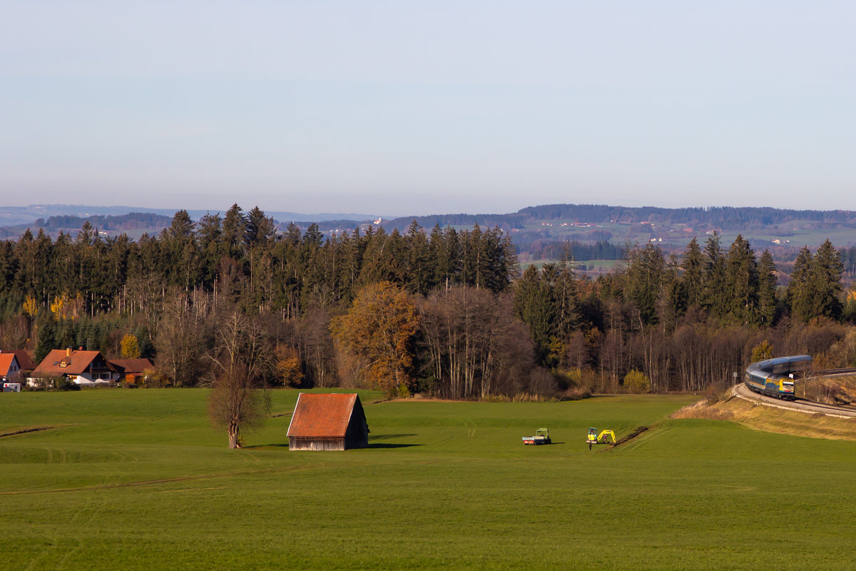 223 013 als Werbelok für den Verkerhsverbund Bodo am Alex bei Opfenbach/Mellatz. 14.11.20