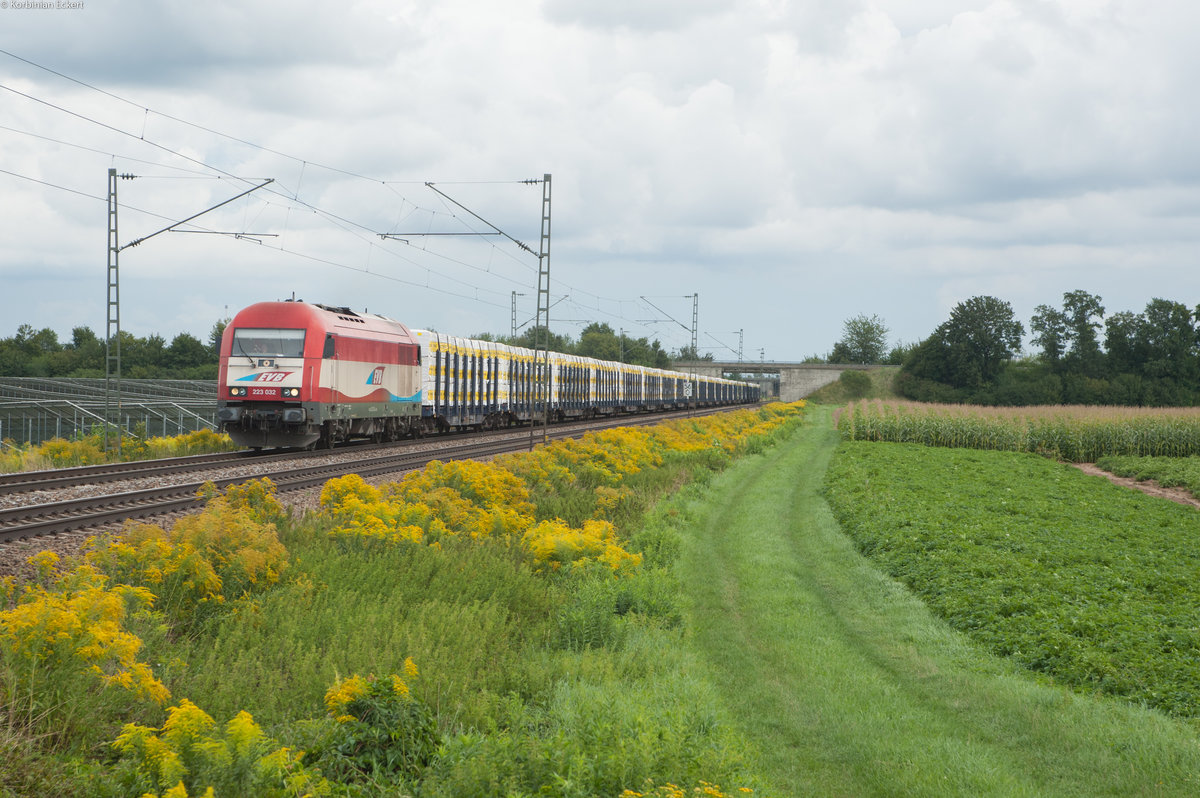 223 032 der EVB mit einem Schnittholzzug aus Hengersberg Richtung Regensburg bei Plattling, 19.08.2017
