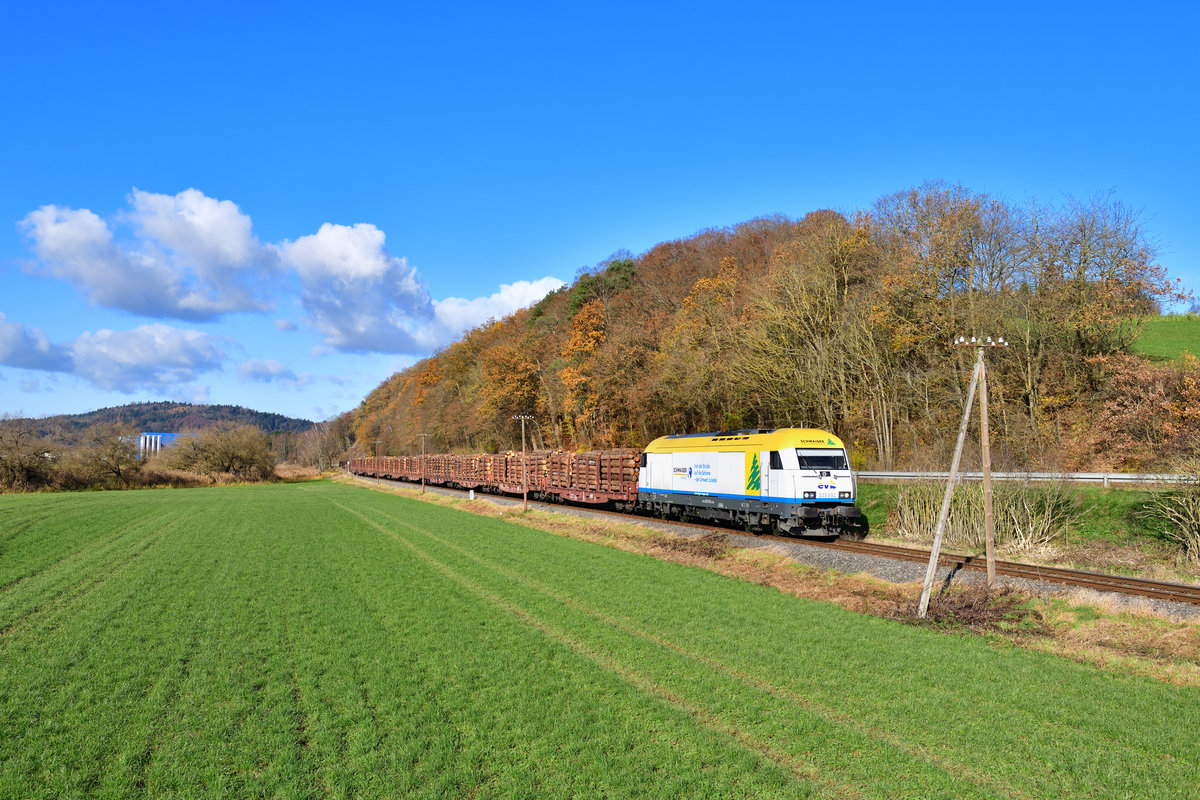 223 032 mit einem Holzzug am 20.11.2020 bei Hengersberg.
