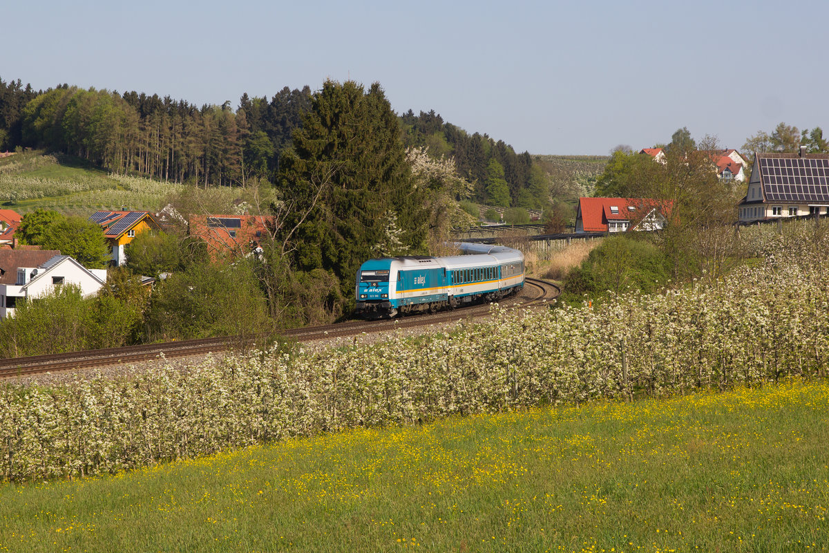 223 066 zieht ihre Alex den Hoyer Berg hinab gen Lindau. 21.4.18