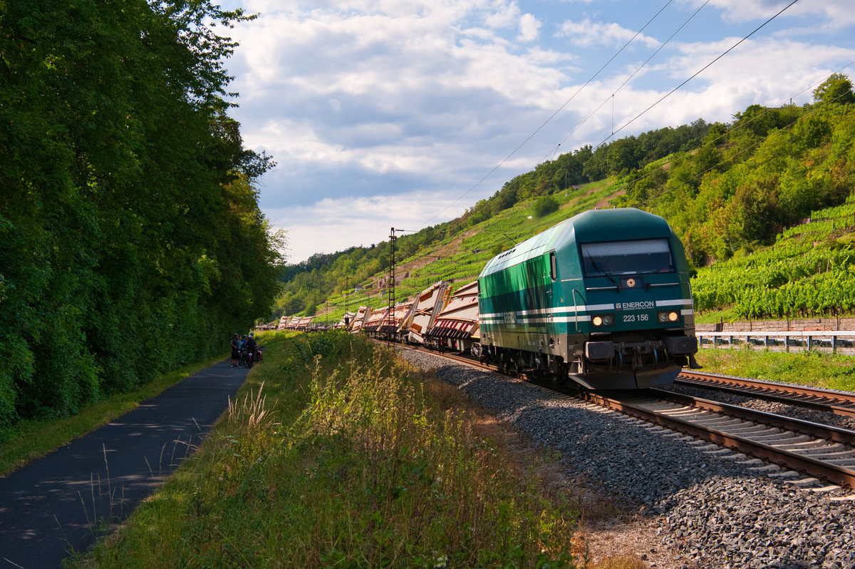 223 156 von Enercon mit einem Weichentransportzug bei Gambach Richtung Würzburg, 01.08.2019