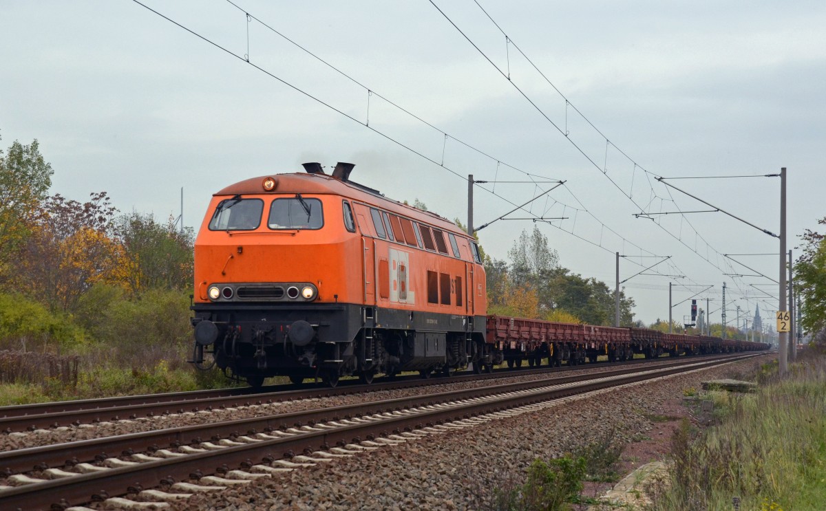 225 099 der BBL zog am 25.10.15 einen Flachwagenzug durch Greppin Richtung Dessau.