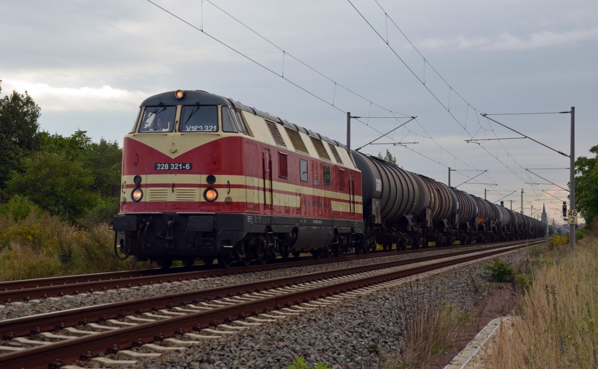 228 321 zog am 23.08.14 einen Kesselwagenzug durch Greppin Richtung Dessau.