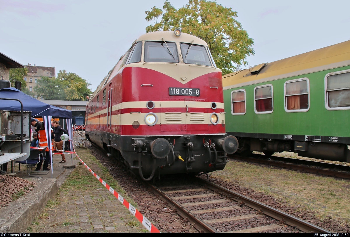 228 505-4 (118 005-8 | DR V 180) DB steht anlässlich des Sommerfests unter dem Motto  Diesellokomotiven der ehemaligen DR  auf dem Gelände des DB Musems Halle (Saale) für Führerstandsmitfahrten bereit.
[25.8.2018 | 13:50 Uhr]