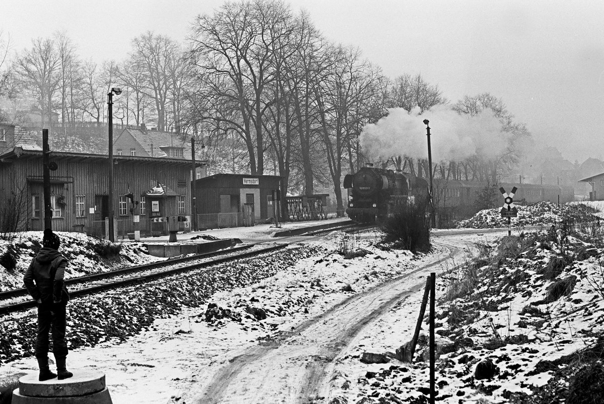 23. Januar 1982, Haltepunkt Hermsdorf, Lok 52 8123 fährt mit P 4861 von Königsbrück ein. Der Knabe im Vordergrund steht heute immer noch - nicht im Vordergrund aber kurz vor seinem 50. Geburtstag. 