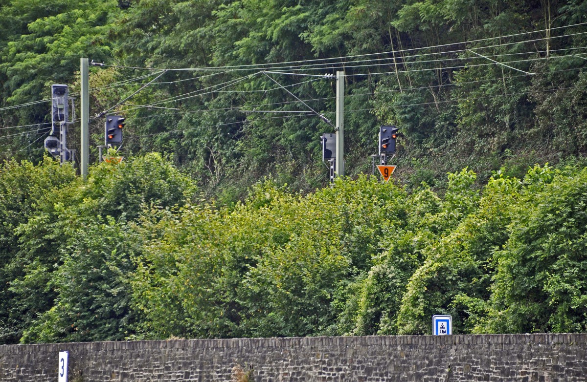 23.08.2013 zwischen Oberwesel und St.Goar: Whrend rechtsrheinisch das Ks-System installiert ist, stehen auf der linken Seite Signale lterer Bauform