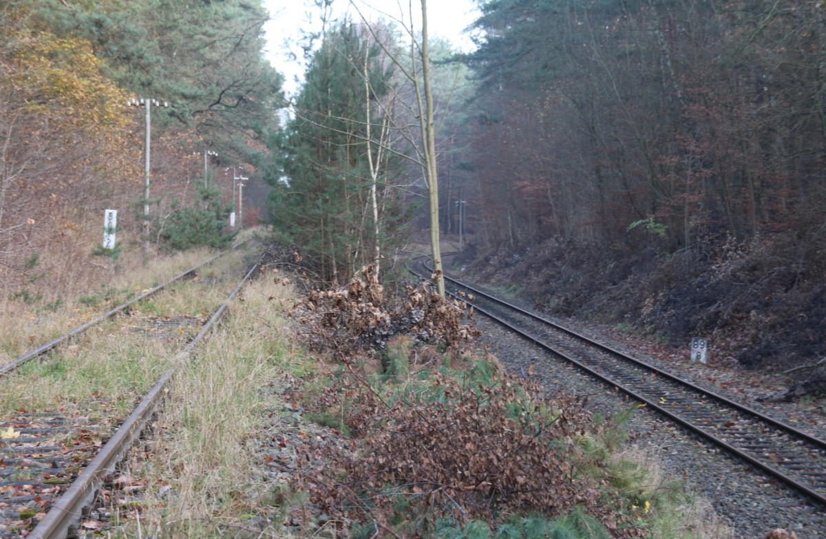 23.11.2014 Templin. Links km 80.2 Strecke nach Prenzlau / Fährkrug - Fürstenwerder, rechts km 89.8 Strecke nach Eberswalde