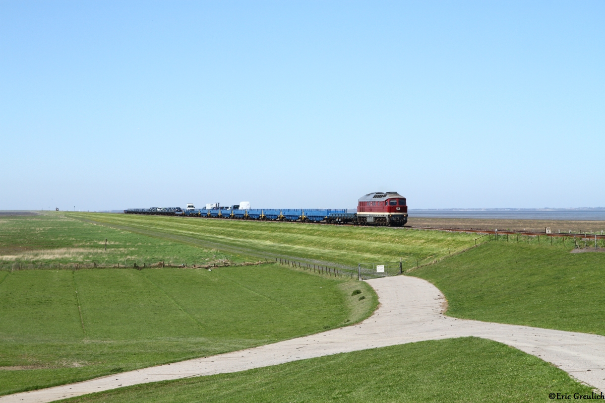 232 088 mit einem RDC Autozug am 08.05.18 auf dme Hindenburgdamm.