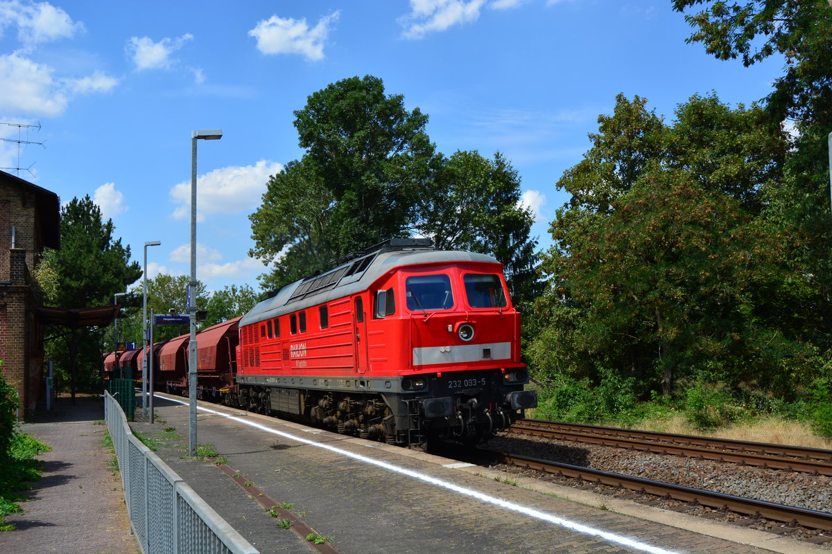 232 093-5 kommt mit einem leeren Sodazug aus Bernburg durch Biendorf gen Köthen gefahren.

Biendorf 30.07.2018