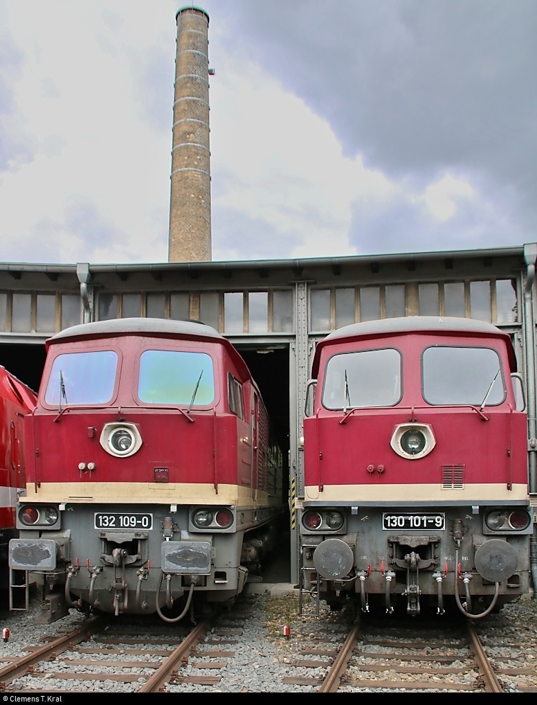 232 109-9 (132 109-0) der Leipziger Eisenbahnverkehrsgesellschaft mbH (LEG) und 754 101 (130 101-9) der Traditionsgemeinschaft Bw Halle P e.V. stehen anlässlich des Sommerfests unter dem Motto  Diesellokomotiven der ehemaligen DR  vor dem Ringlokschuppen des DB Musems Halle (Saale).
Bild durchlief die Selbstfreischaltung.
[25.8.2018 | 12:23 Uhr]