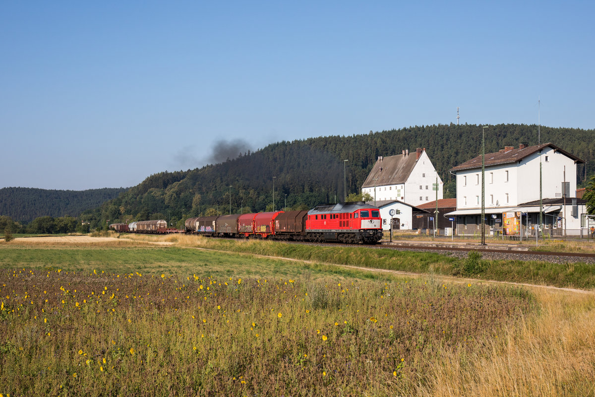 232 201 beschleunigt einen gemischten Güterzug bei Nabburg in Richtung Cheb, aufgenommen am 13. Juli 2018.