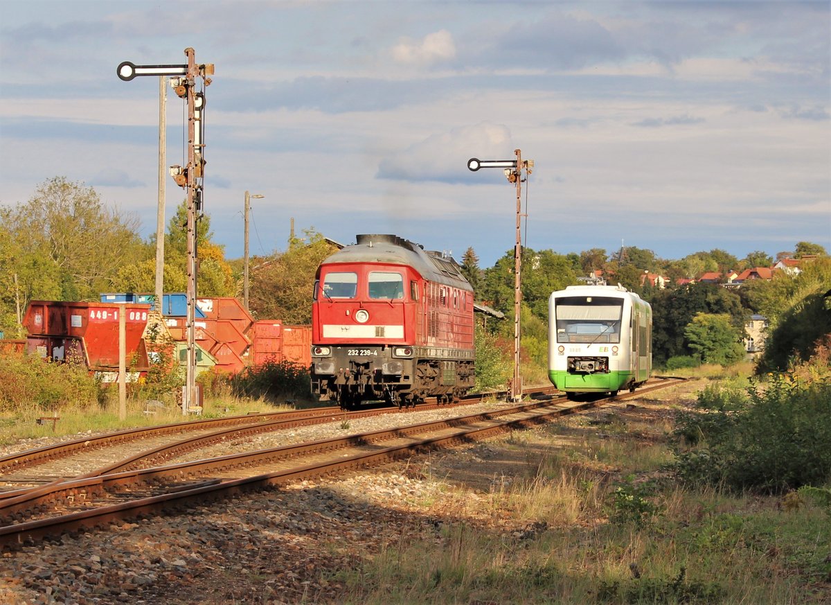 232 239-4 (EBS) war am 28.09.20 in Pößneck oberer Bahnhof bei der Kreuzung mit der EB 80864 zu sehen.