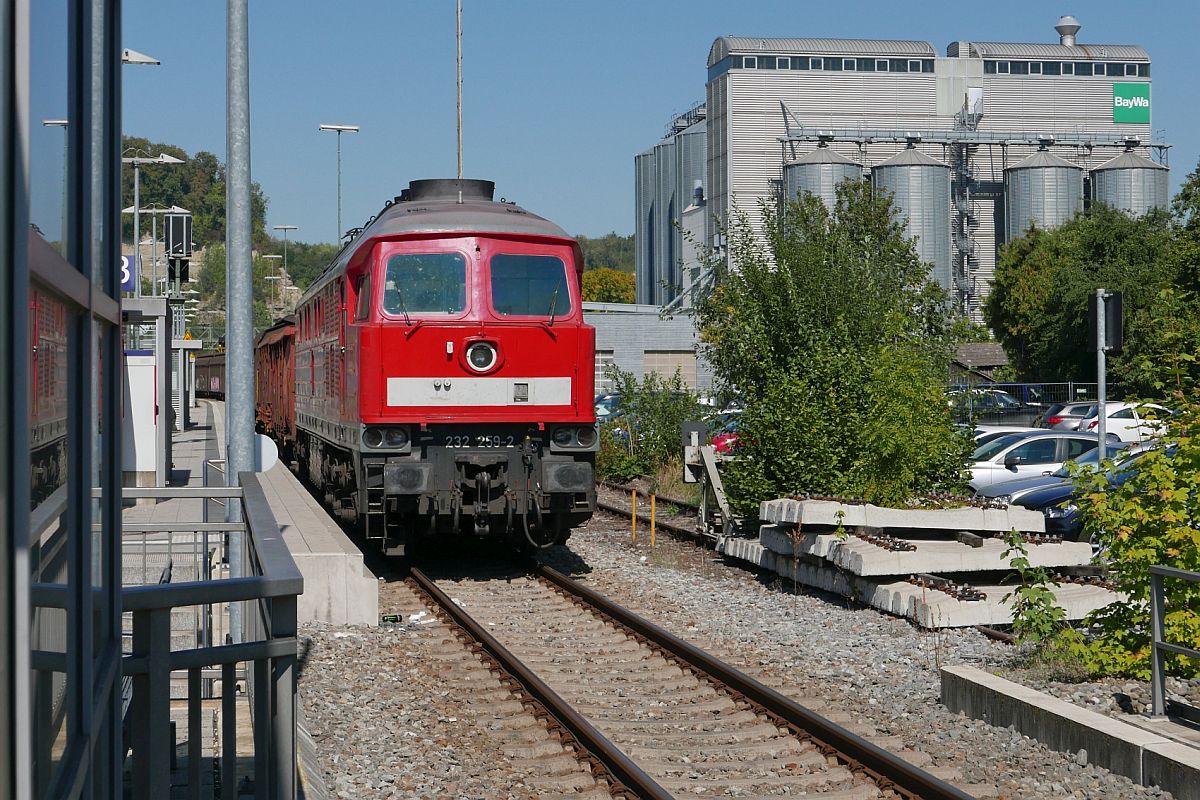 232 259-2 mit einem aus offenen Wagen und Schiebewandwagen gebildeten G�terzug, abgestellt im Bahnhof Biberach (Ri�) am 12.09.2018.