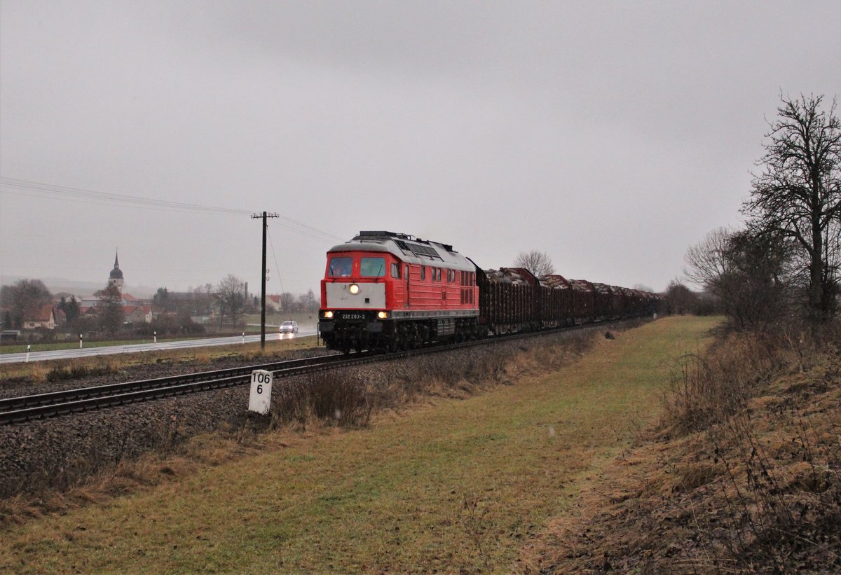 232 283-2 und 155 110-0 (WFL) fuhr am 22.01.21 wieder einen Holzzug von Triptis nach Kaufering. Hier zu sehen in Dreitzsch.