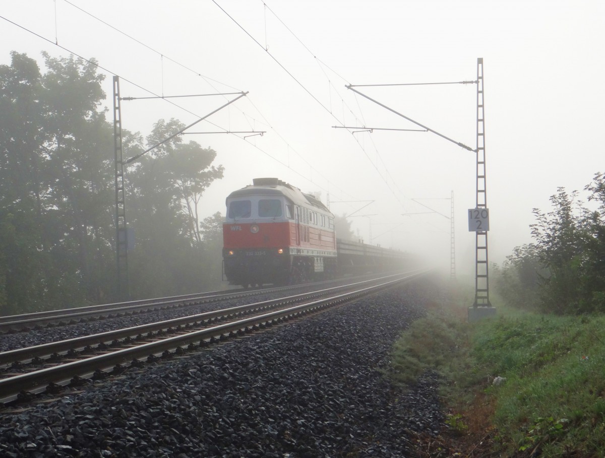 232 333-5 der WFL zu sehen am 08.09.15 im Nebel an der Schöpsdrehe bei Plauen/V. mit einem Schwellenzug.