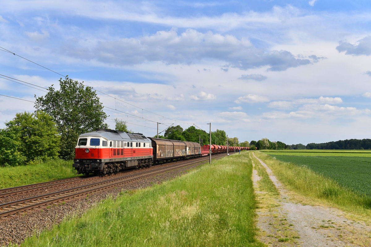 232 531 mit einem Güterzug am 23.05.2018 bei Woltorf.  