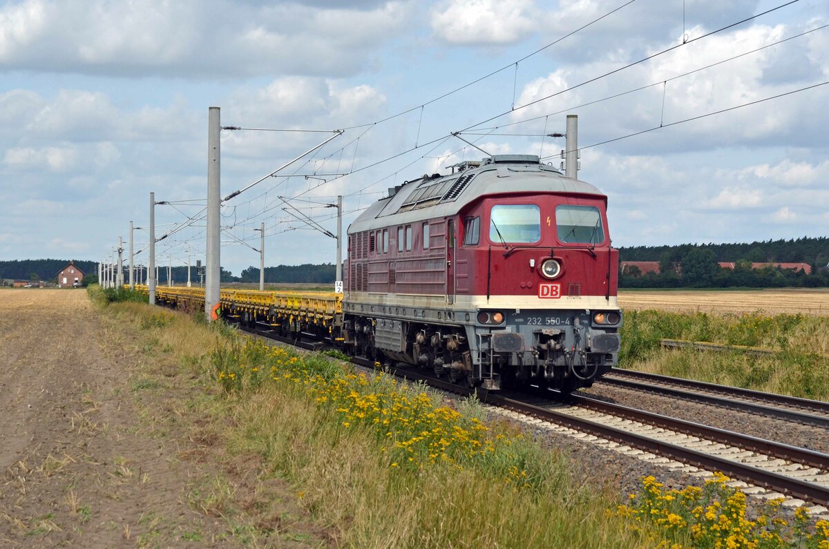 232 550 der DB Bahnbau führte am 30.07.23 einen Flachwagenzug durch Rodleben Richtung Roßlau.