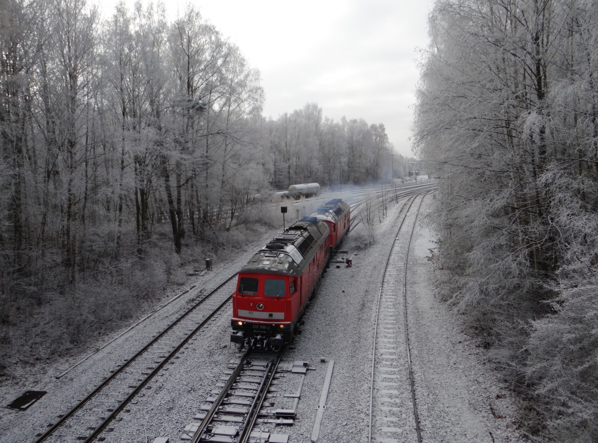 232 589-2 und 233 452-2 bei der Ausfahrt am 14.11.13 in Marktredwitz. Man dachte es hat geschneit!