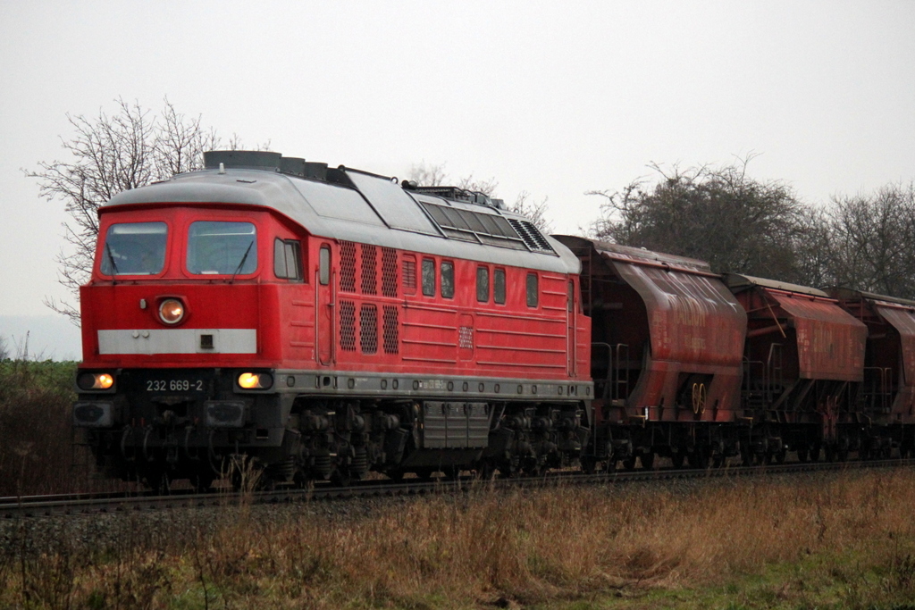 232 669-2 mit dem Kalizug von Wismar nach Baalberge bei der Durchfahrt um 10:12 Uhr in Gro Schwa.13.12.2013  