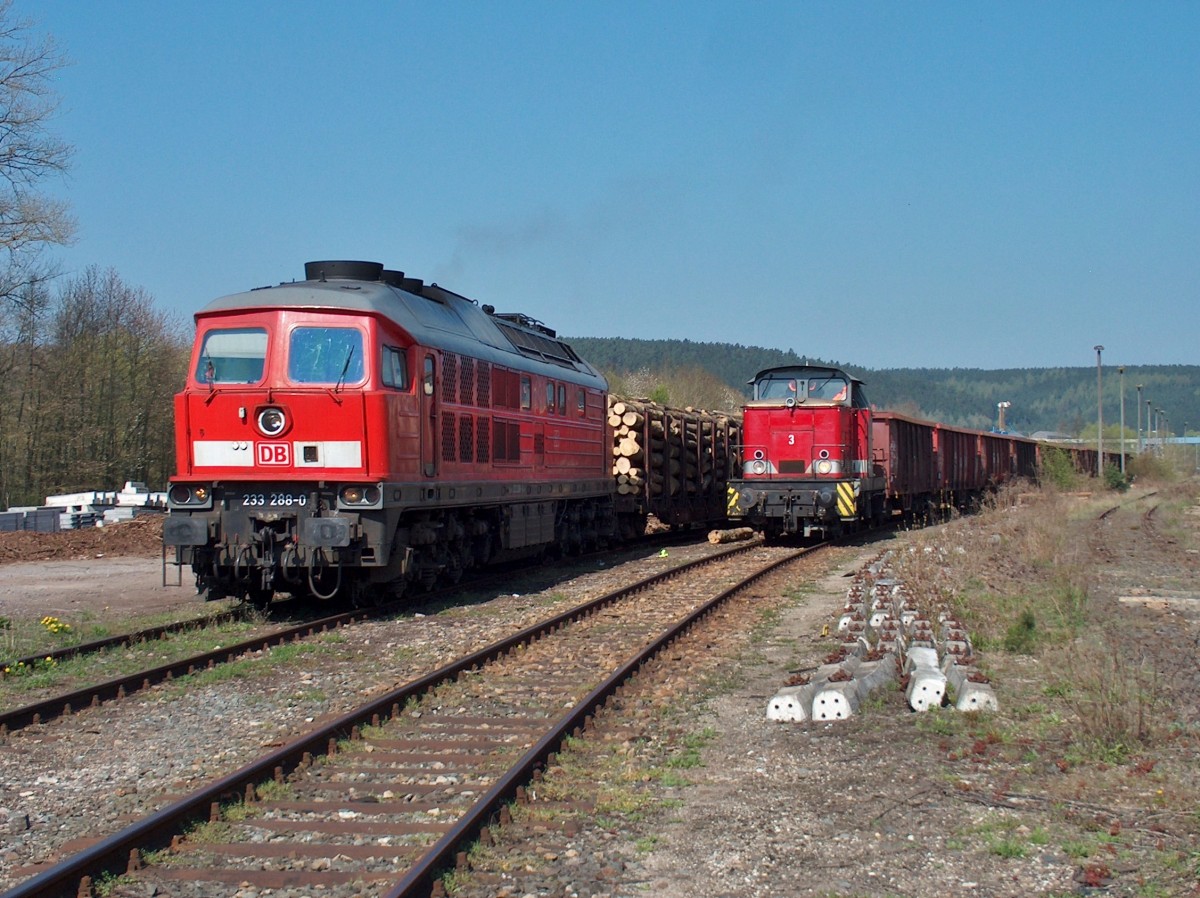 233 288-0 mit einen Holzzug und 345 244-8 (ex DR V60/105) mit einen EAOS-Zug stehen am 24.04.15 im Bhf.Walldorf/Werra. ( Bild wurde von einen offenen Bahnübergang aus gemacht.)