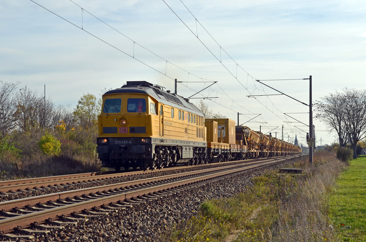 233 493 führte am 15.11.20 einen Bauzug, bestehend aus Silowagen und einer Bettungsreinigungsmaschine, durch Greppin Richtung Dessau. 
