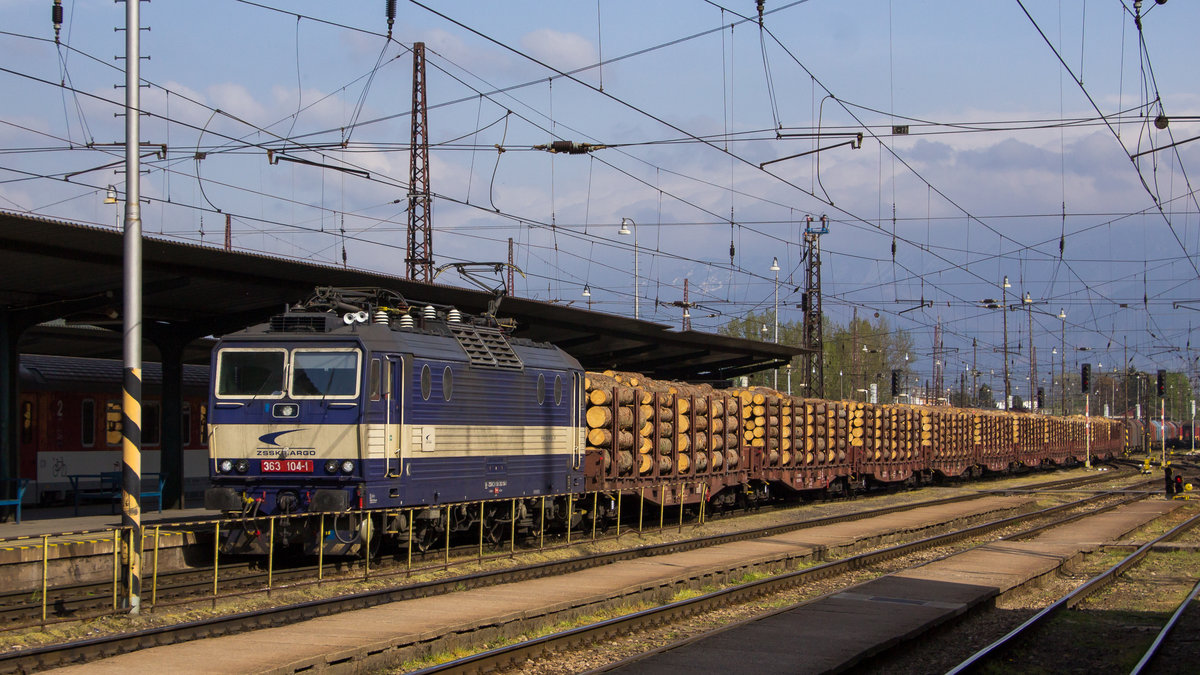 24. April 2019 im Bahnhof Zilina. 363 104-1 kommt gerade mit einem Holzzug im Bahnhof an. 