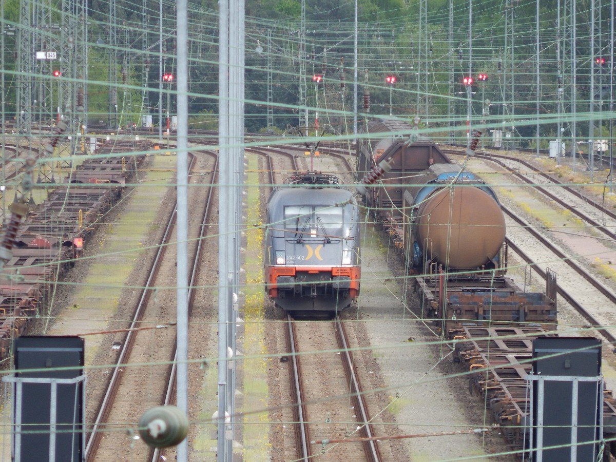 242 502 Zurg von Hectorrail kam am 9.5.15 durch den Oberleitungssalat in Maschen gefahren. Kurze Zeit nach dem Foto haben wir sie im Hamburger Hbf wieder getroffen.

Maschen 09.05.2015