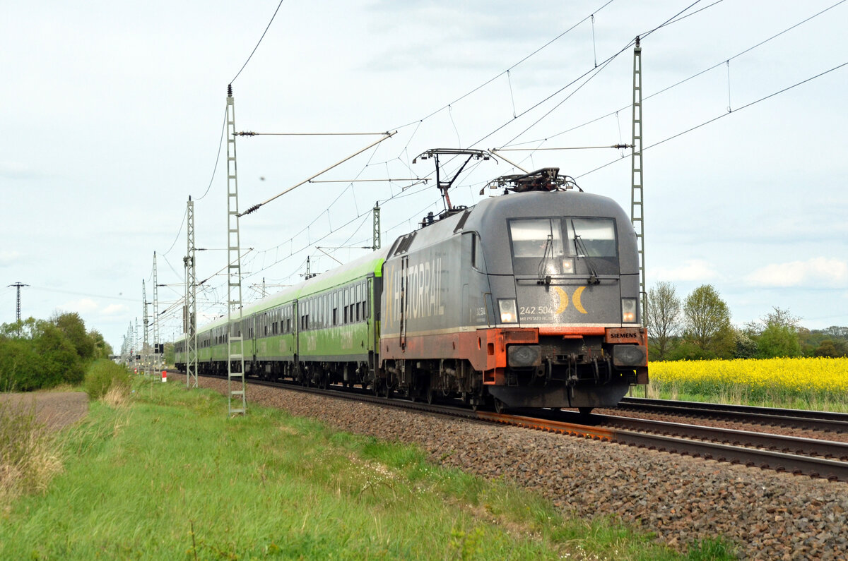 242 504 der Hectorrail bespannte am 14.04.24 den FLX 1363 von Hamburg nach Leipzig. Hier eilt er durch Gräfenhainichen Richtung Bitterfeld.